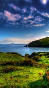 Preview wallpaper lake, river, grass, mountains, summer