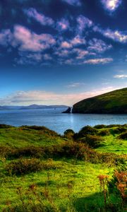 Preview wallpaper lake, river, grass, mountains, summer