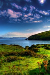 Preview wallpaper lake, river, grass, mountains, summer