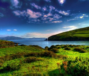 Preview wallpaper lake, river, grass, mountains, summer