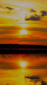 Preview wallpaper lake, river, reflection, water, sun, sunset, landscape, dark