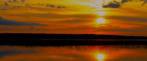 Preview wallpaper lake, river, reflection, water, sun, sunset, landscape, dark
