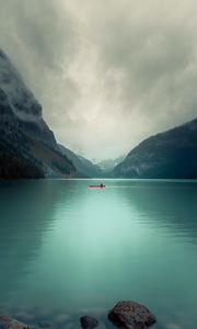 Preview wallpaper lake, rocks, boat, slope, valley