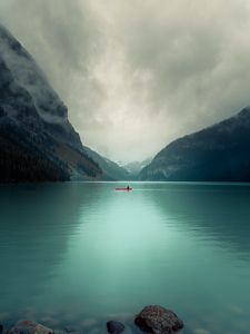 Preview wallpaper lake, rocks, boat, slope, valley