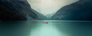 Preview wallpaper lake, rocks, boat, slope, valley