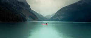 Preview wallpaper lake, rocks, boat, slope, valley