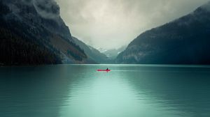 Preview wallpaper lake, rocks, boat, slope, valley