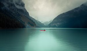 Preview wallpaper lake, rocks, boat, slope, valley