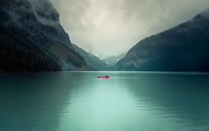 Preview wallpaper lake, rocks, boat, slope, valley