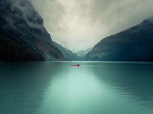 Preview wallpaper lake, rocks, boat, slope, valley