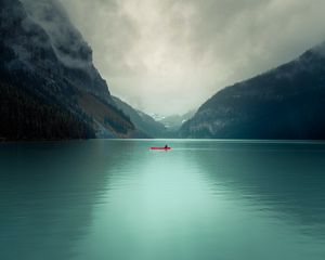 Preview wallpaper lake, rocks, boat, slope, valley