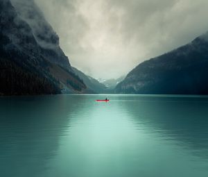 Preview wallpaper lake, rocks, boat, slope, valley