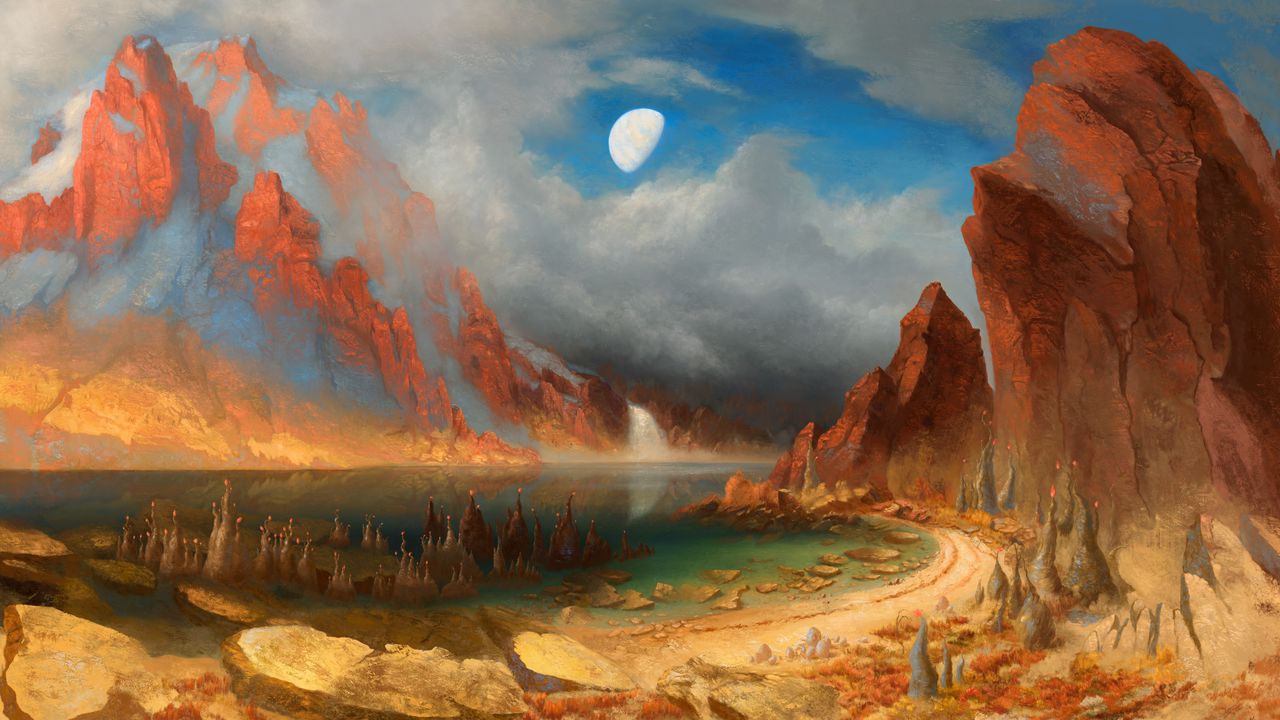 Wallpaper lake, rocks, clouds, art