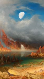 Preview wallpaper lake, rocks, clouds, art