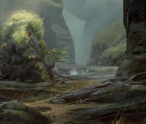 Preview wallpaper lake, rocks, fog, landscape, art