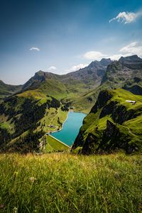 Preview wallpaper lake, rocks, mountains, peaks, grass