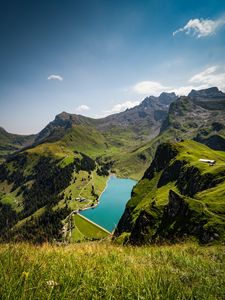 Preview wallpaper lake, rocks, mountains, peaks, grass