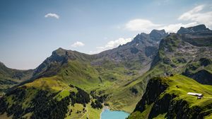 Preview wallpaper lake, rocks, mountains, peaks, grass