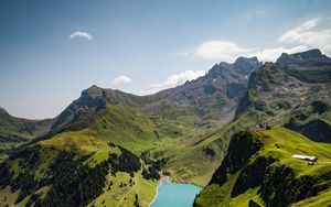 Preview wallpaper lake, rocks, mountains, peaks, grass