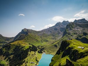 Preview wallpaper lake, rocks, mountains, peaks, grass