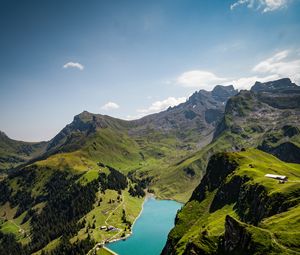 Preview wallpaper lake, rocks, mountains, peaks, grass