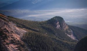 Preview wallpaper lake, rocks, slope, peaks, fog