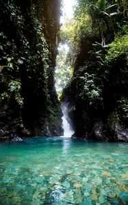 Preview wallpaper lake, rocks, stream, jungle, landscape, nature