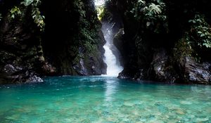 Preview wallpaper lake, rocks, stream, jungle, landscape, nature