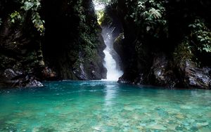 Preview wallpaper lake, rocks, stream, jungle, landscape, nature