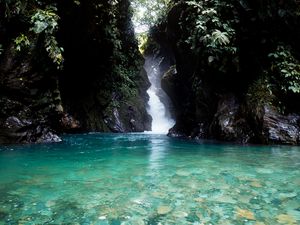 Preview wallpaper lake, rocks, stream, jungle, landscape, nature