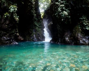 Preview wallpaper lake, rocks, stream, jungle, landscape, nature