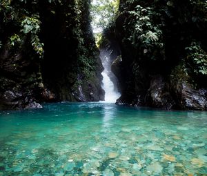 Preview wallpaper lake, rocks, stream, jungle, landscape, nature