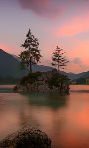 Preview wallpaper lake, rocks, trees, mountains, ramsau bei berchtesgaden, germany