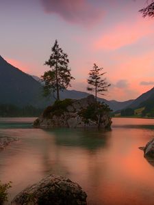 Preview wallpaper lake, rocks, trees, mountains, ramsau bei berchtesgaden, germany