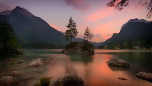 Preview wallpaper lake, rocks, trees, mountains, ramsau bei berchtesgaden, germany