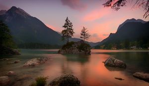 Preview wallpaper lake, rocks, trees, mountains, ramsau bei berchtesgaden, germany