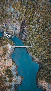 Preview wallpaper lake, rocks, trees, bridge, aerial view
