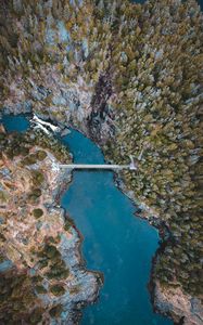 Preview wallpaper lake, rocks, trees, bridge, aerial view