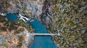 Preview wallpaper lake, rocks, trees, bridge, aerial view