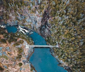 Preview wallpaper lake, rocks, trees, bridge, aerial view