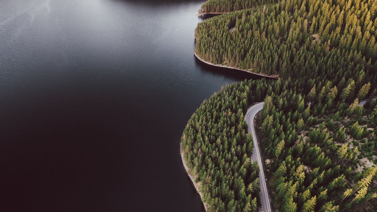 Wallpaper lake, shore, aerial view, forest, hills, road