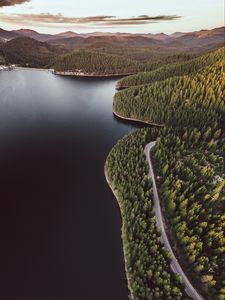 Preview wallpaper lake, shore, aerial view, forest, hills, road