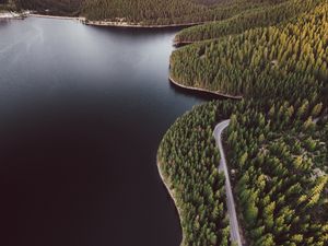 Preview wallpaper lake, shore, aerial view, forest, hills, road