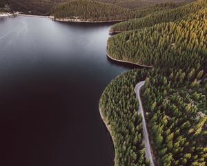 Preview wallpaper lake, shore, aerial view, forest, hills, road