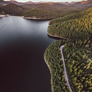 Preview wallpaper lake, shore, aerial view, forest, hills, road