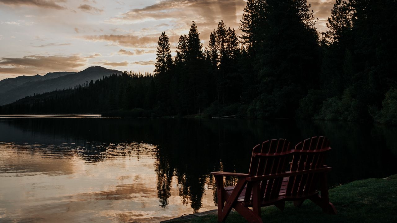 Wallpaper lake, shore, bench, dark, dusk