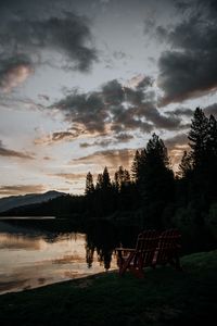 Preview wallpaper lake, shore, bench, dark, dusk