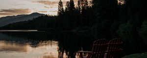 Preview wallpaper lake, shore, bench, dark, dusk