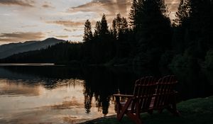 Preview wallpaper lake, shore, bench, dark, dusk