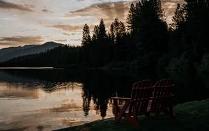 Preview wallpaper lake, shore, bench, dark, dusk